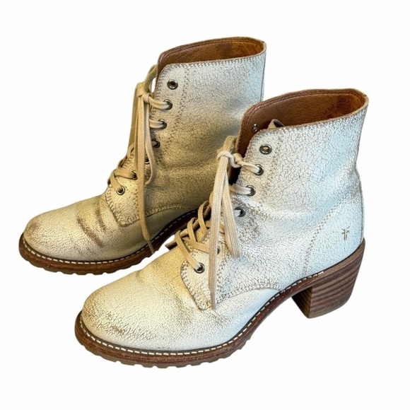 Frye Shoes - Frye Sabrina 6G Lace Up Leather Combat Boots Distressed White Size 8 #2107